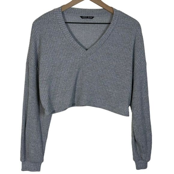 Gray Cropped Ribbed V-neck Sweater Size Small Shein - Picture 1 of 6